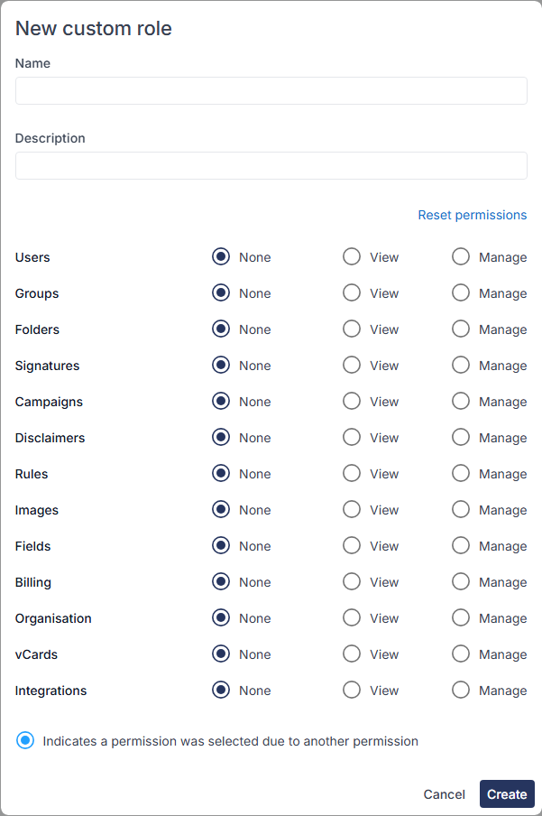 New custom role window with Name and Description fields and a None, View or Manage choice for each permission area.