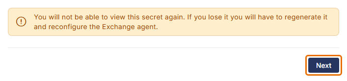 Warning that the secret cannot be viewed again, with the Next button highlighted.