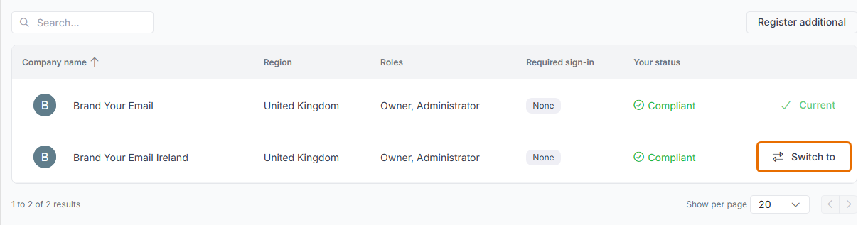 Tenants list with the Switch to action highlighted on the second tenant.