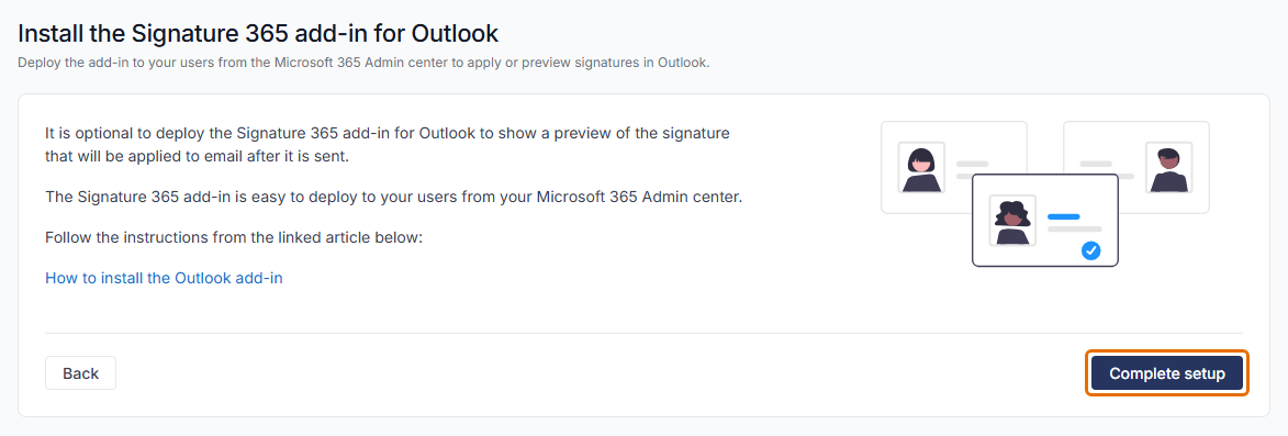 The Install the Signature 365 add-in for Outlook step with the Complete setup button highlighted.
