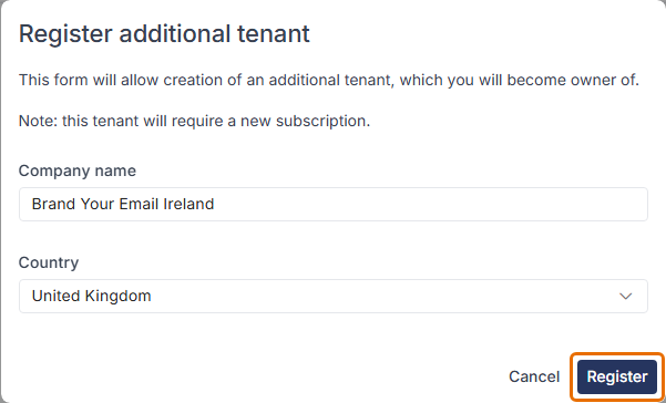 Register additional tenant window with Company name and Country fields and the Register button highlighted.