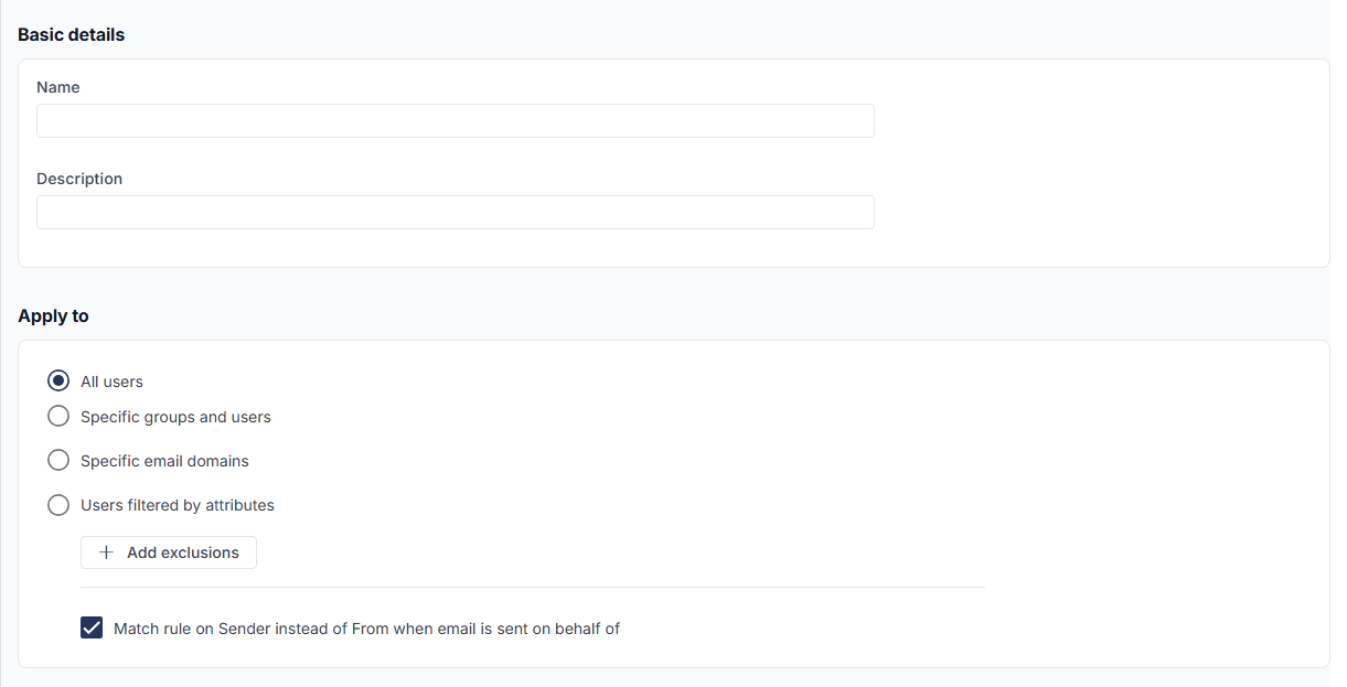 New rule form with empty Name and Description fields above the Apply to options.