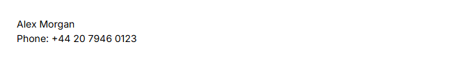 Signature preview showing the name and phone number on consecutive lines with no blank line between them.