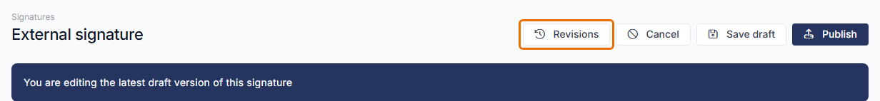 Template editor page header with the Revisions button highlighted beside Cancel, Save draft and Publish.