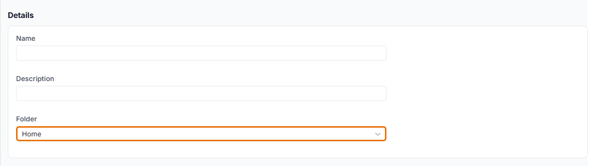 New signature Details card with the Folder field highlighted and set to Home.
