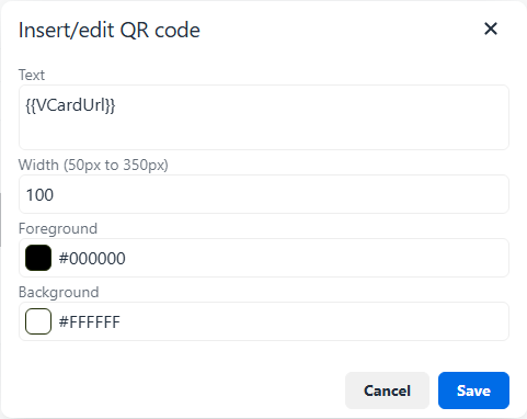 Insert/edit QR code dialog with the VCardUrl field as the text.
